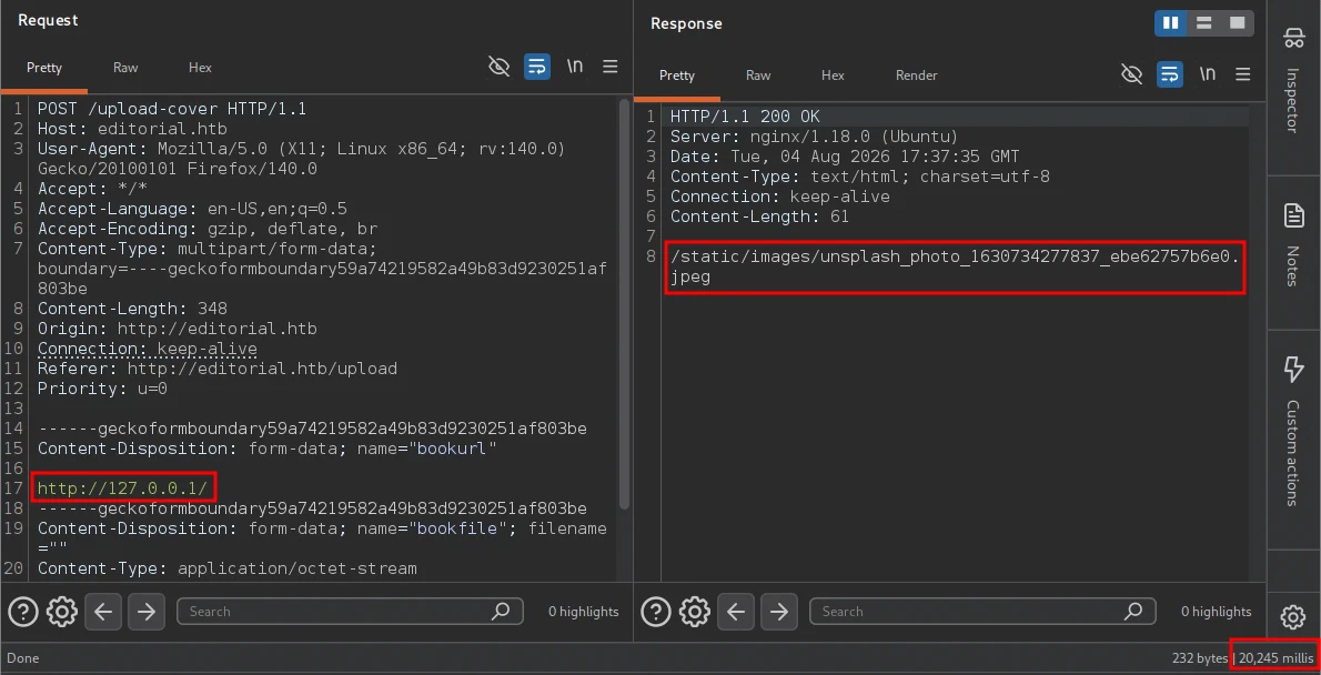 Burp Repeater: 127.0.0.1 returns the same placeholder, but takes 20,245 ms