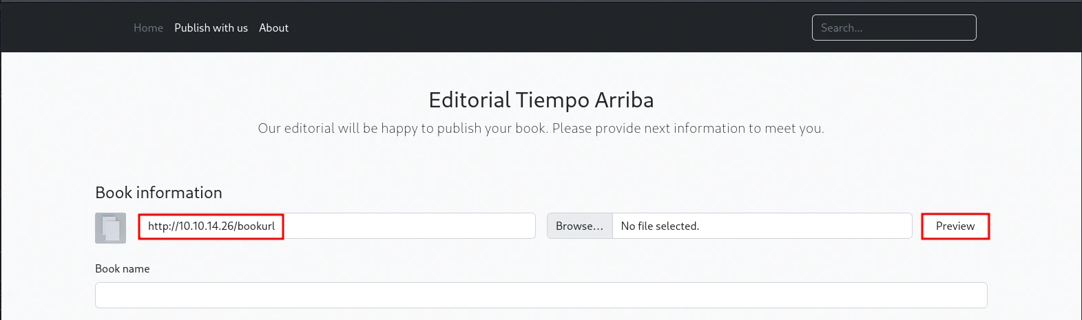 Cover URL field set to http://10.10.14.26/bookurl, with the Preview button highlighted