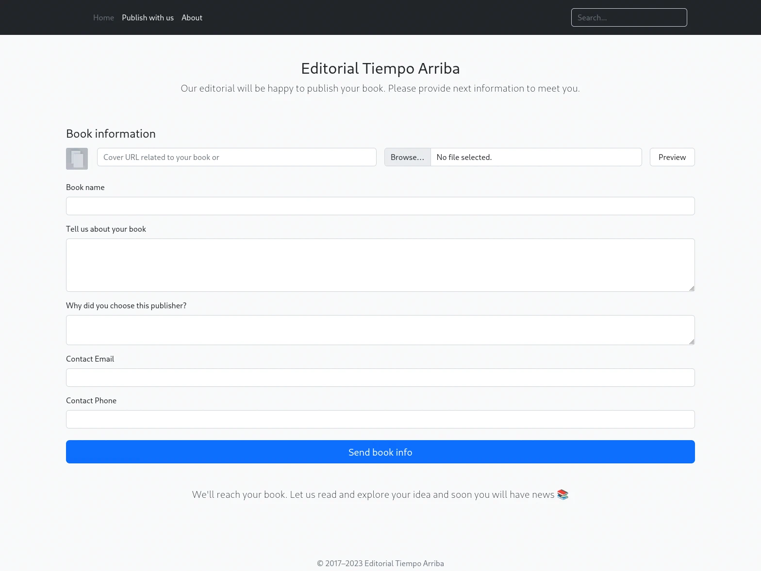 The /upload book submission form, with the cover URL field beside the file picker