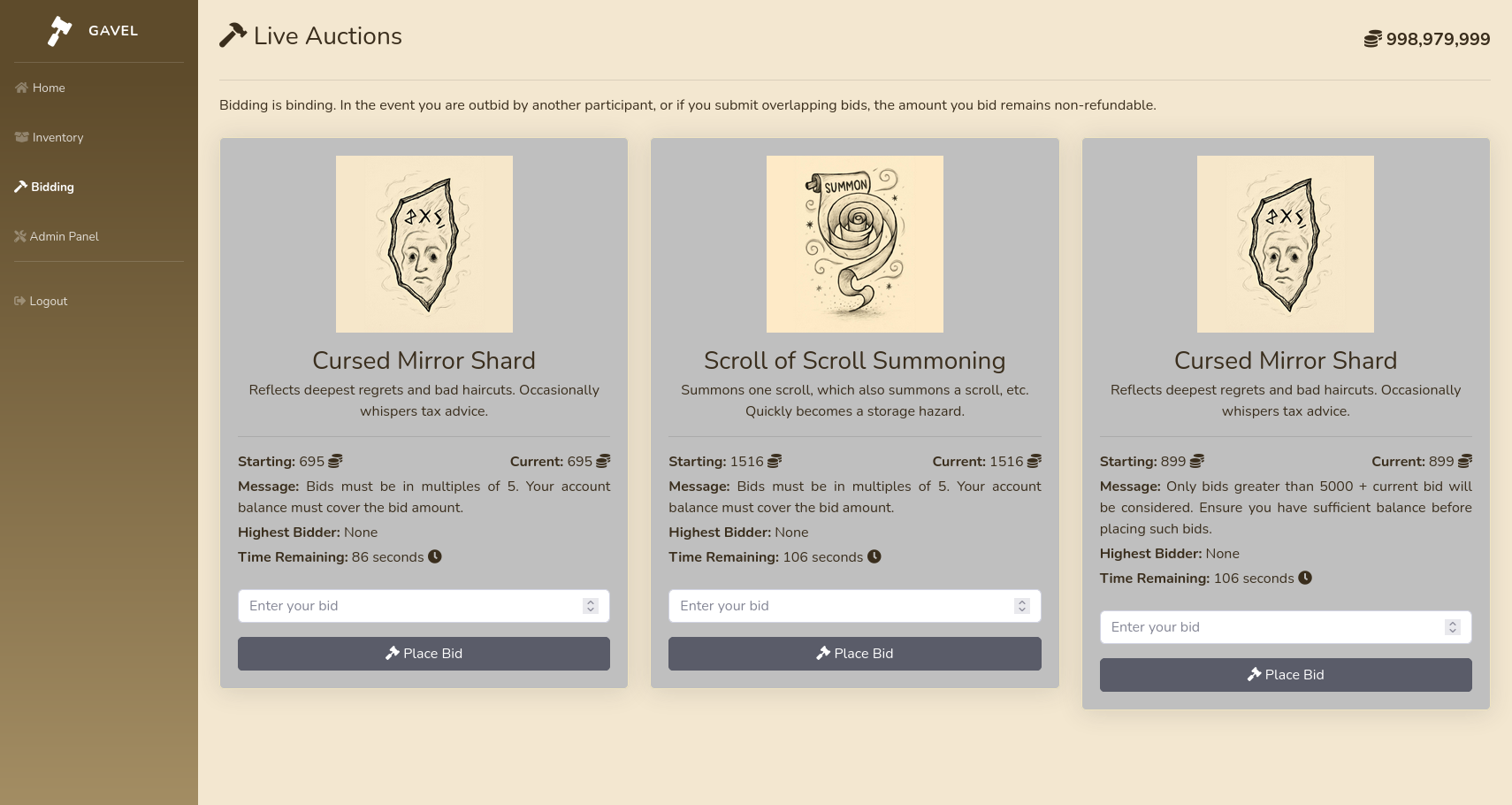 Live auction page as auctioneer