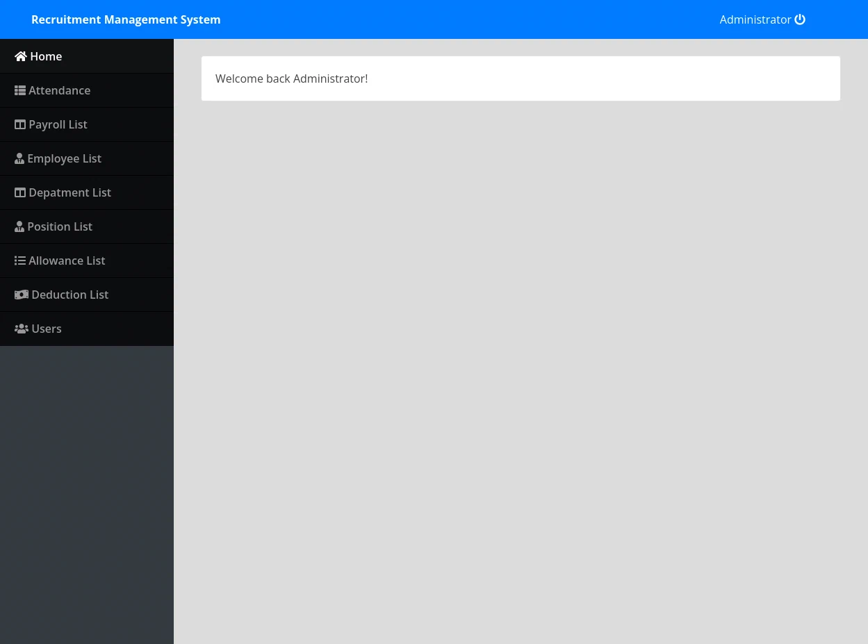 Payroll dashboard after login, showing Welcome back Administrator